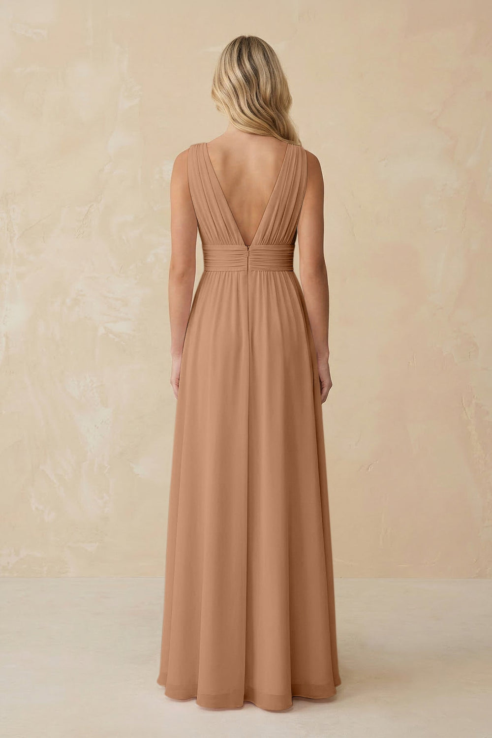 V-Neck A-Line Chiffon Ruched Bridesmaid Dress in Bronzer