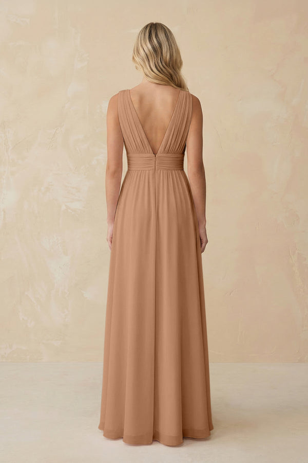 V - Neck A - Line Chiffon Ruched Bridesmaid Dress in Bronzer - KISS BRIDAL Bridesmaid Dresses