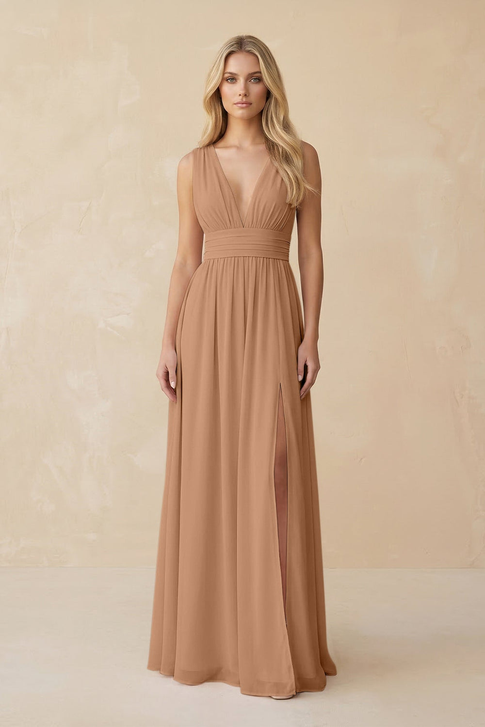 V-Neck A-Line Chiffon Ruched Bridesmaid Dress in Bronzer