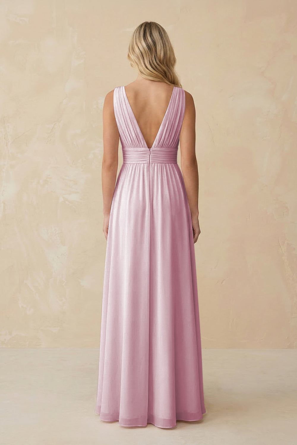 V-Neck A-Line Chiffon Ruched Bridesmaid Dress in Candy Pink