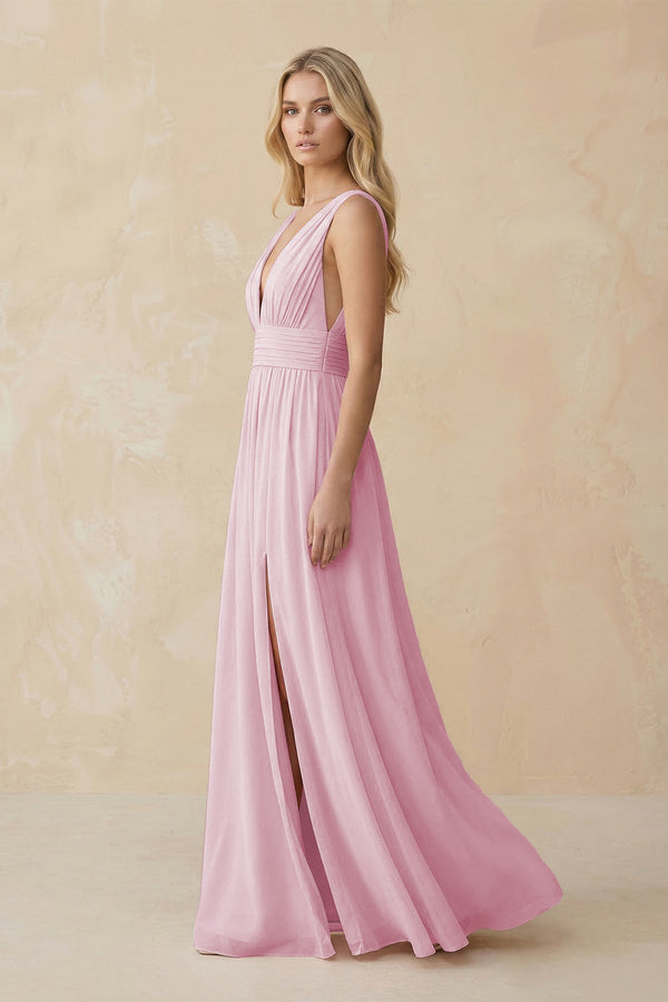 V-Neck A-Line Chiffon Ruched Bridesmaid Dress in Candy Pink (3) | KISSBRIDAL