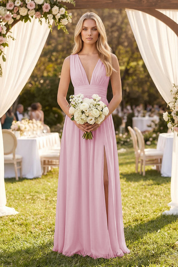 V-Neck A-Line Chiffon Ruched Bridesmaid Dress in Candy Pink (4) | KISSBRIDAL