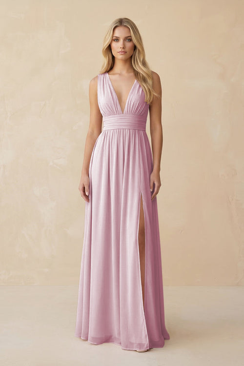 V-Neck A-Line Chiffon Ruched Bridesmaid Dress in Candy Pink | KISSBRIDAL