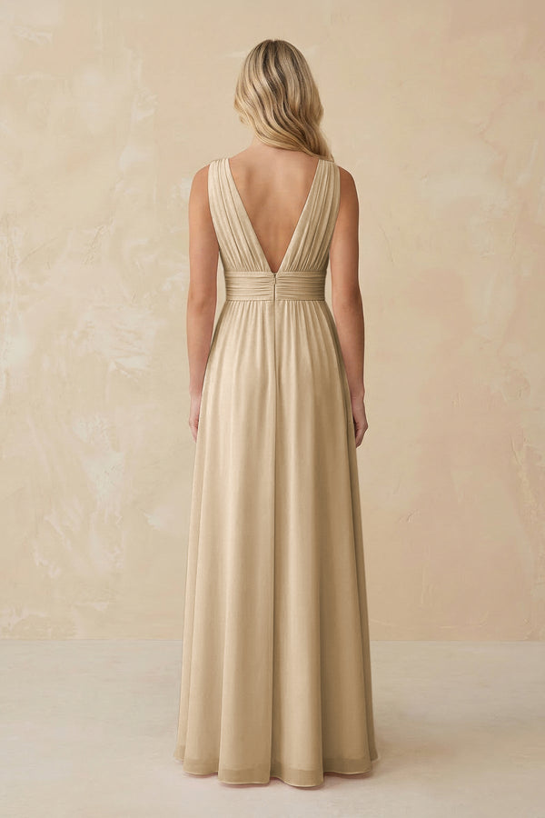 V-Neck A-Line Chiffon Ruched Bridesmaid Dress in Champagne (2) | KISSBRIDAL