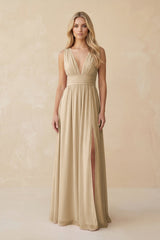 V-Neck A-Line Chiffon Ruched Bridesmaid Dress in Champagne | KISSBRIDAL