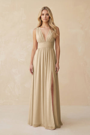 V-Neck A-Line Chiffon Ruched Bridesmaid Dress in Champagne | KISSBRIDAL