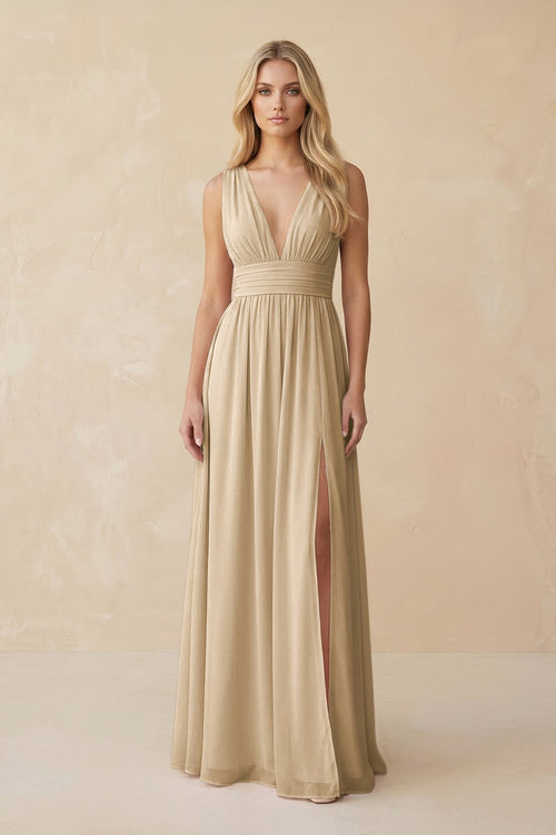 V-Neck A-Line Chiffon Ruched Bridesmaid Dress in Champagne | KISSBRIDAL