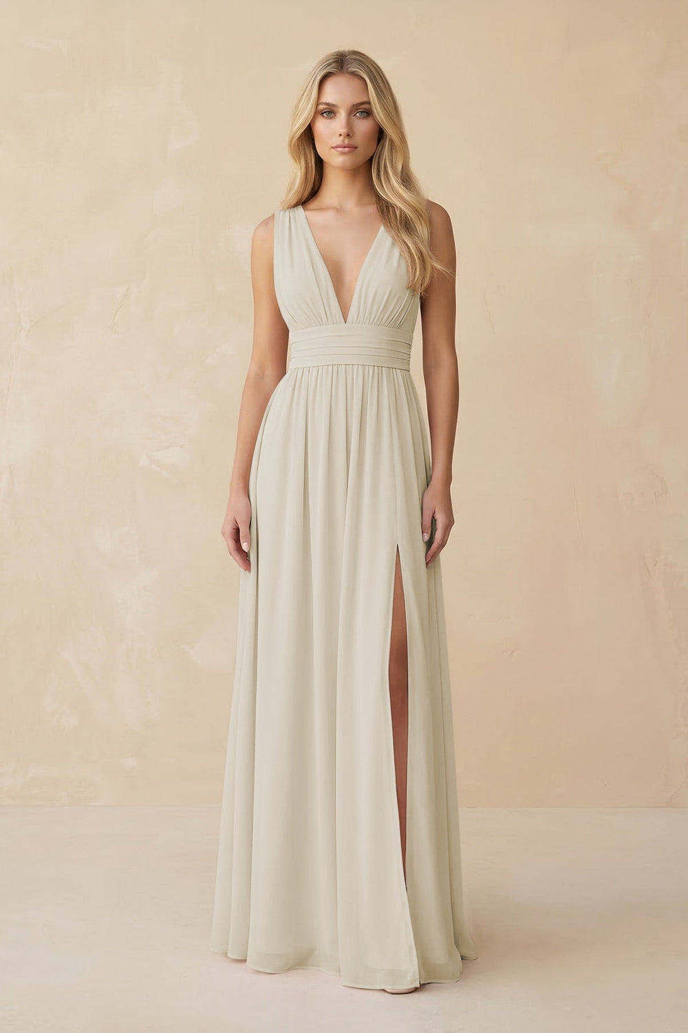 V-Neck A-Line Chiffon Ruched Bridesmaid Dress in Dove Gray