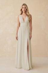 V - Neck A - Line Chiffon Ruched Bridesmaid Dress in Dove Gray - KISS BRIDAL Bridesmaid Dresses
