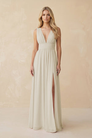 V - Neck A - Line Chiffon Ruched Bridesmaid Dress in Dove Gray - KISS BRIDAL Bridesmaid Dresses