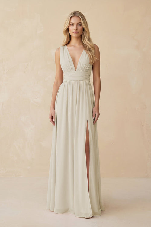 V - Neck A - Line Chiffon Ruched Bridesmaid Dress in Dove Gray - KISS BRIDAL Bridesmaid Dresses