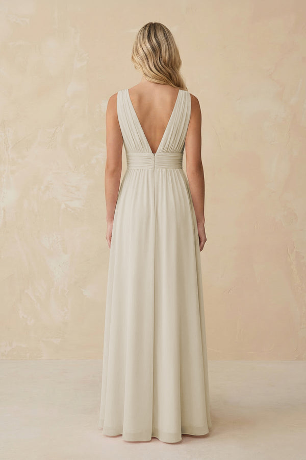 V - Neck A - Line Chiffon Ruched Bridesmaid Dress in Dove Gray - KISS BRIDAL Bridesmaid Dresses
