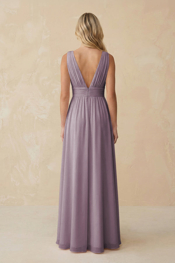 V-Neck A-Line Chiffon Ruched Bridesmaid Dress in Dusk (2) | KISSBRIDAL