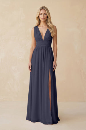 V - Neck A - Line Chiffon Ruched Bridesmaid Dress in Dusk Blue - KISS BRIDAL Bridesmaid Dresses