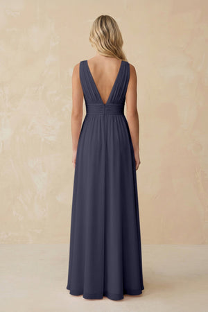 V - Neck A - Line Chiffon Ruched Bridesmaid Dress in Dusk Blue - KISS BRIDAL Bridesmaid Dresses