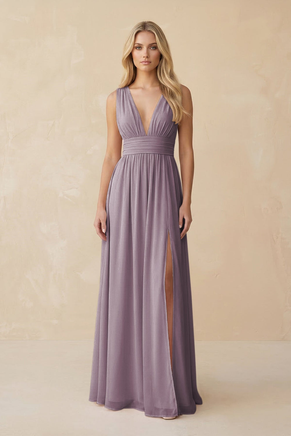 V-Neck A-Line Chiffon Ruched Bridesmaid Dress in Dusk