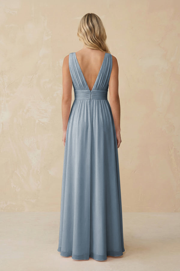 V-Neck A-Line Chiffon Ruched Bridesmaid Dress in Dusty Blue (2) | KISSBRIDAL