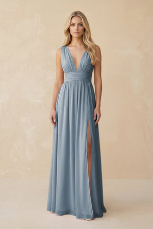 V-Neck A-Line Chiffon Ruched Bridesmaid Dress in Dusty Blue | KISSBRIDAL