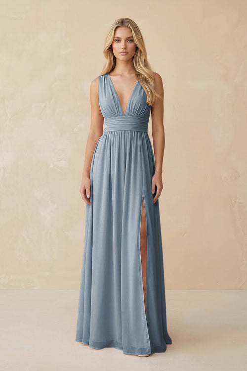 V-Neck A-Line Chiffon Ruched Bridesmaid Dress in Dusty Blue | KISSBRIDAL