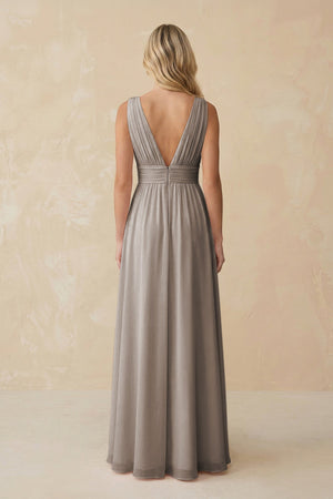 V-Neck A-Line Chiffon Ruched Bridesmaid Dress in Frost (2) | KISSBRIDAL