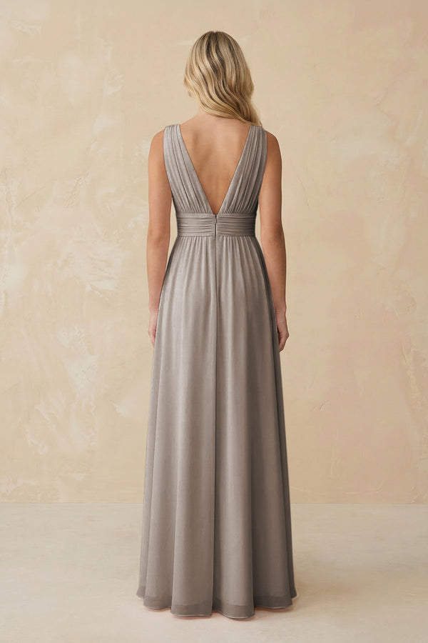 V-Neck A-Line Chiffon Ruched Bridesmaid Dress in Frost (2) | KISSBRIDAL