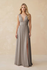 V-Neck A-Line Chiffon Ruched Bridesmaid Dress in Frost | KISSBRIDAL