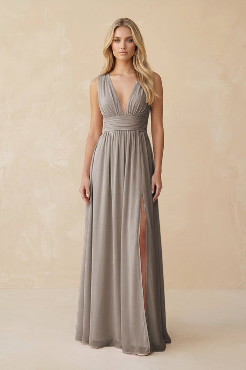 V-Neck A-Line Chiffon Ruched Bridesmaid Dress in Frost | KISSBRIDAL