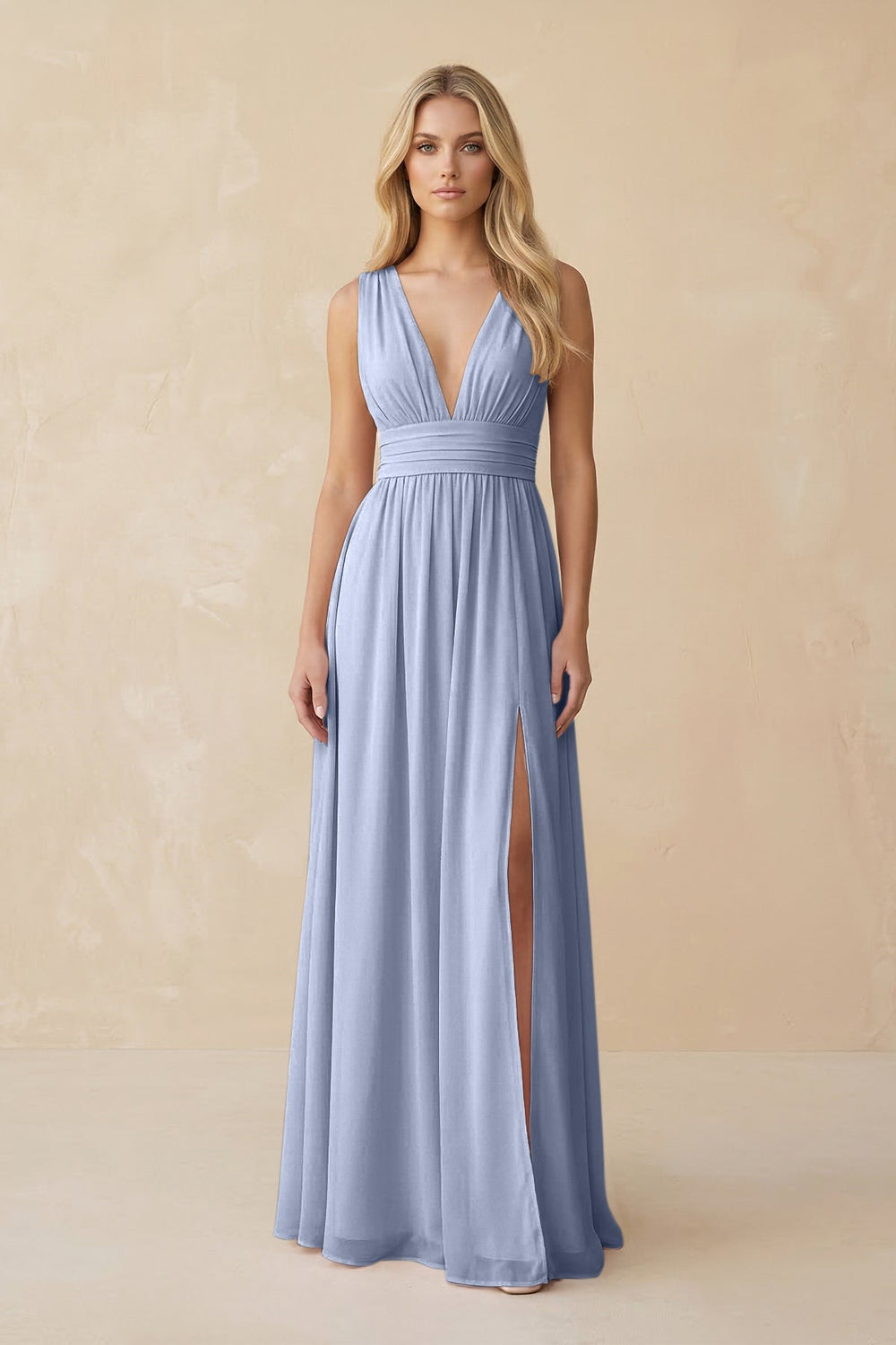 V-Neck A-Line Chiffon Ruched Bridesmaid Dress in Ice