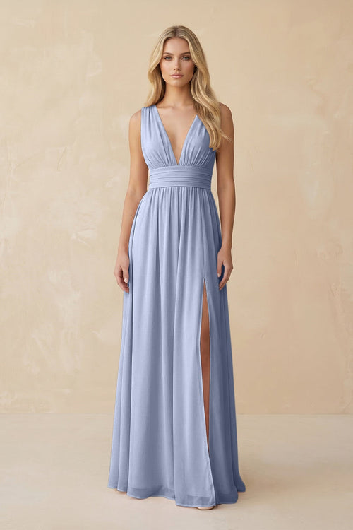 V-Neck A-Line Chiffon Ruched Bridesmaid Dress in Ice | KISSBRIDAL