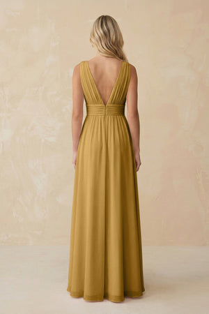 V-Neck A-Line Chiffon Ruched Bridesmaid Dress in Marigold (2) | KISSBRIDAL