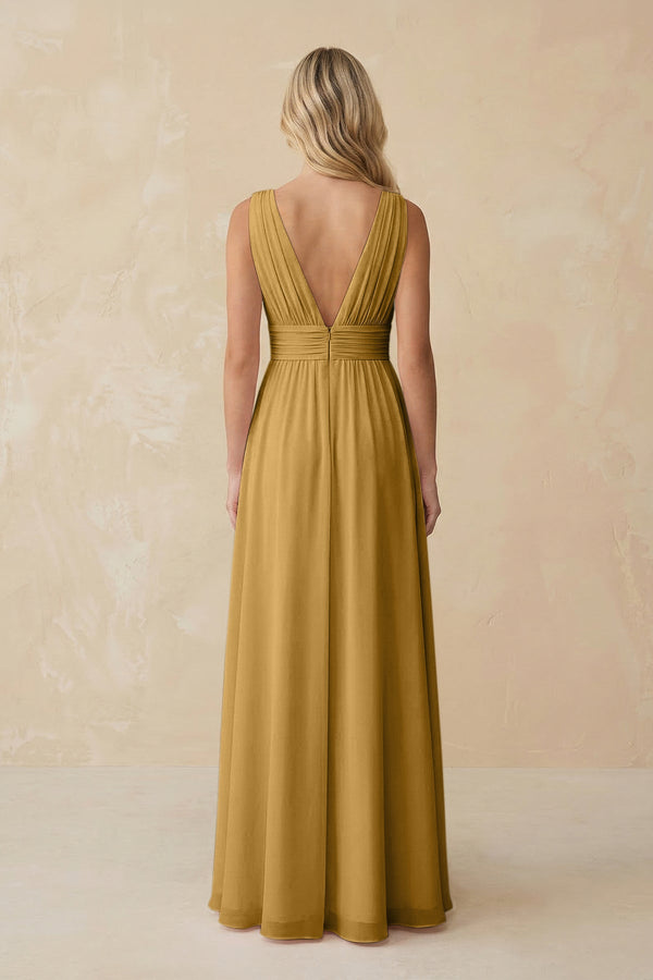 V-Neck A-Line Chiffon Ruched Bridesmaid Dress in Marigold (2) | KISSBRIDAL