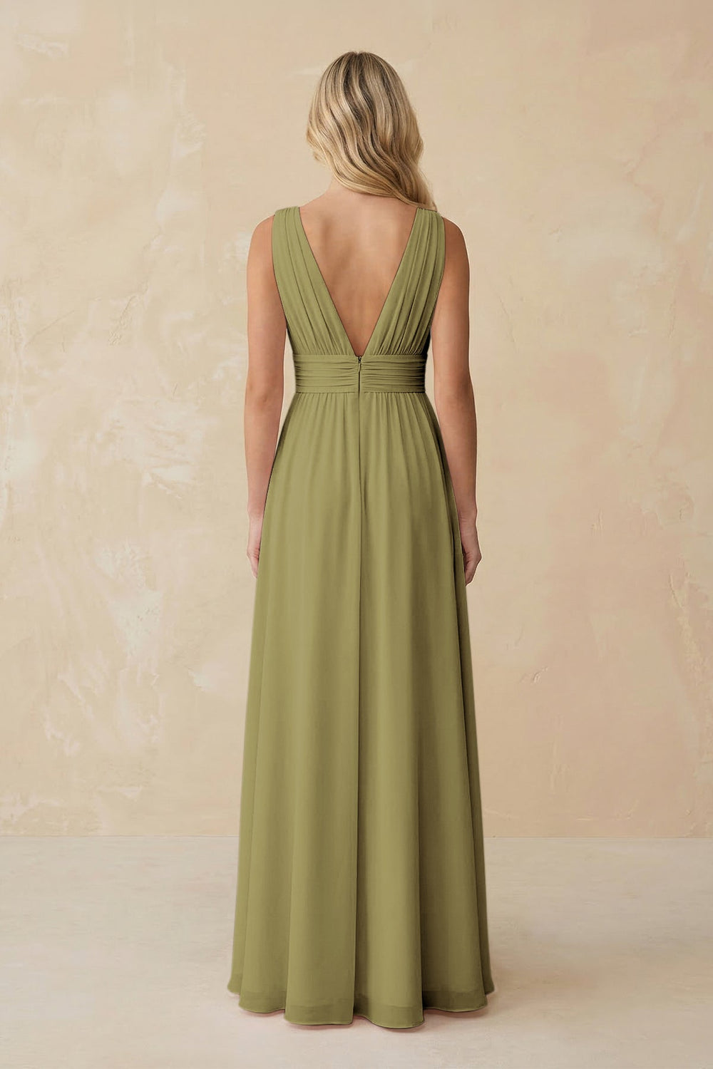 V-Neck A-Line Chiffon Ruched Bridesmaid Dress in Moss Green