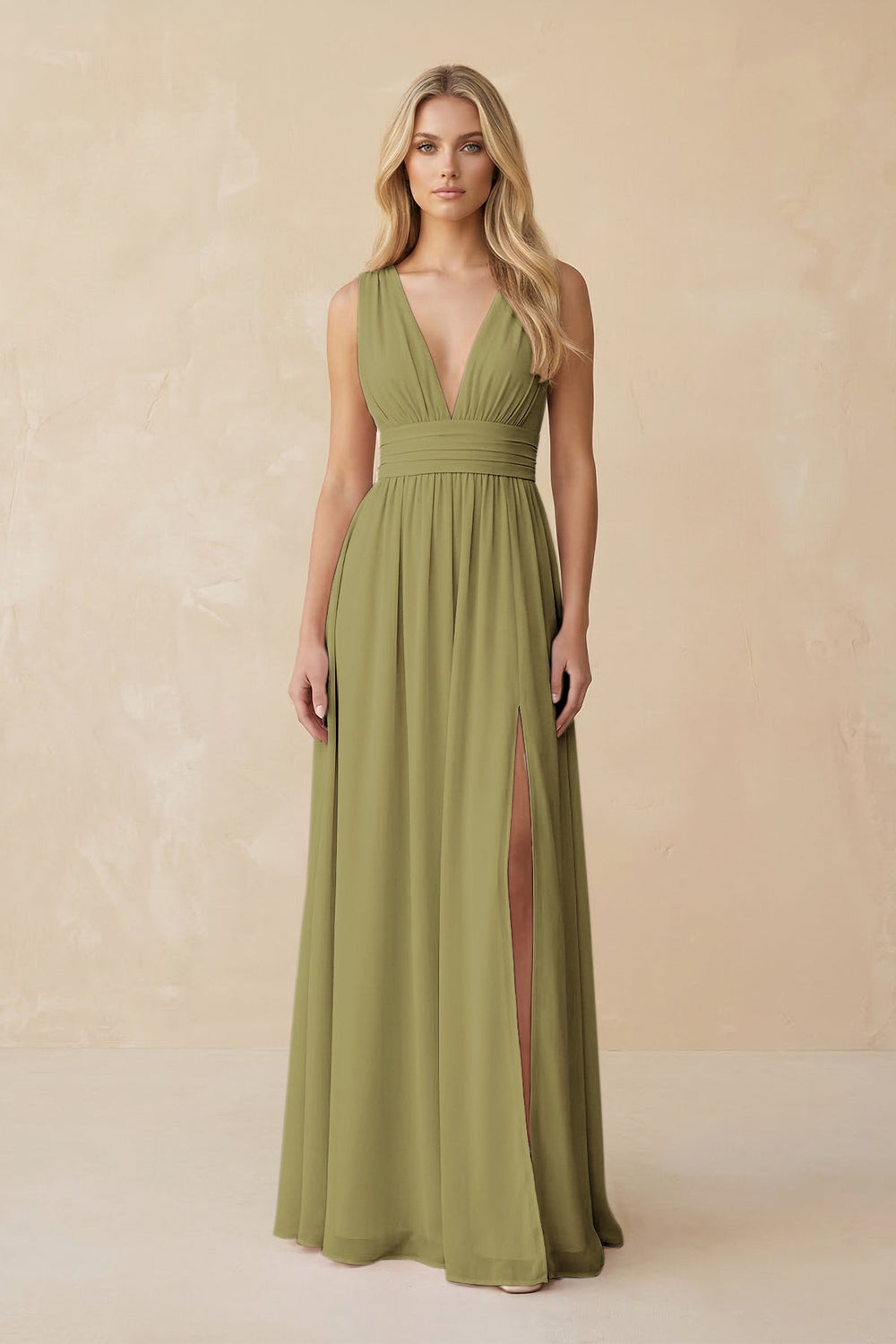 V-Neck A-Line Chiffon Ruched Bridesmaid Dress in Moss Green