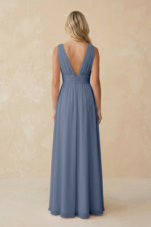 V - Neck A - Line Chiffon Ruched Bridesmaid Dress in Neptune - KISS BRIDAL Bridesmaid Dresses