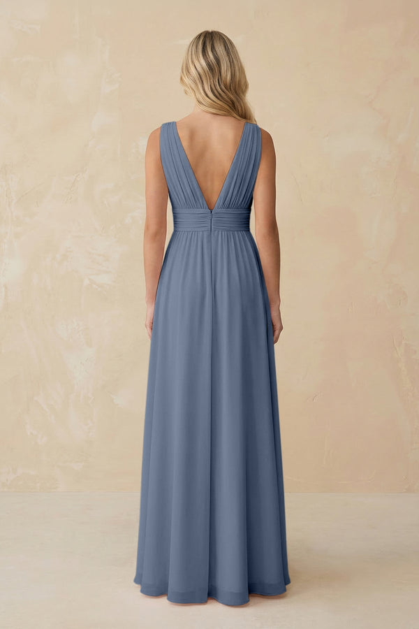 V - Neck A - Line Chiffon Ruched Bridesmaid Dress in Neptune - KISS BRIDAL Bridesmaid Dresses
