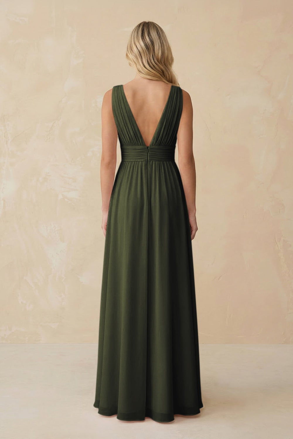 V-Neck A-Line Chiffon Ruched Bridesmaid Dress in Olive