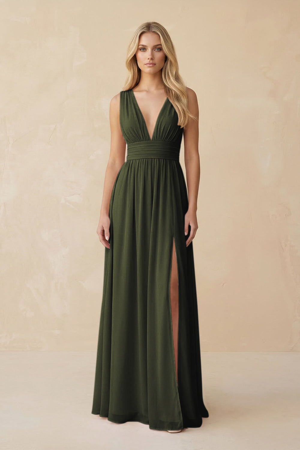 V-Neck A-Line Chiffon Ruched Bridesmaid Dress in Olive