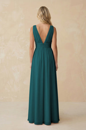V - Neck A - Line Chiffon Ruched Bridesmaid Dress in Pine - KISS BRIDAL Bridesmaid Dresses