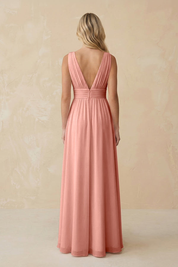 V-Neck A-Line Chiffon Ruched Bridesmaid Dress in Rosette (2) | KISSBRIDAL