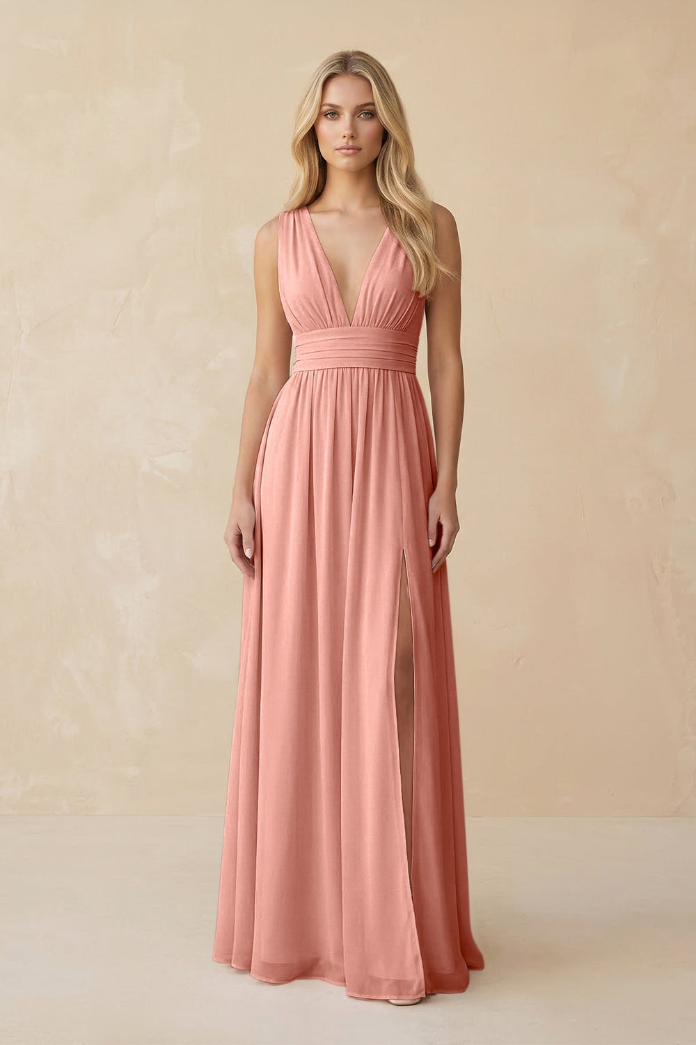 V-Neck A-Line Chiffon Ruched Bridesmaid Dress in Rosette