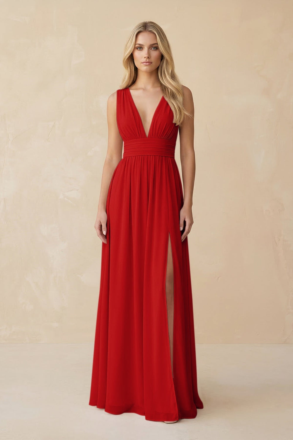 V-Neck A-Line Chiffon Ruched Bridesmaid Dress in Ruby Red