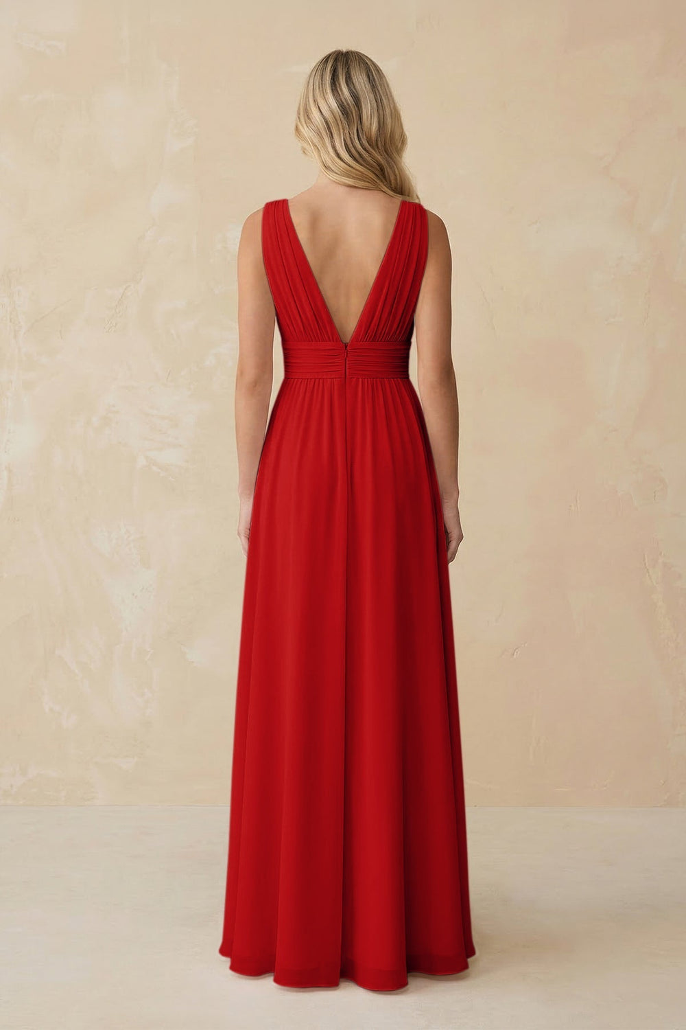 V-Neck A-Line Chiffon Ruched Bridesmaid Dress in Ruby Red