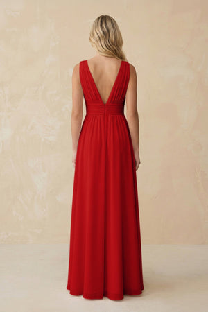 V - Neck A - Line Chiffon Ruched Bridesmaid Dress in Ruby Red - KISS BRIDAL Bridesmaid Dresses