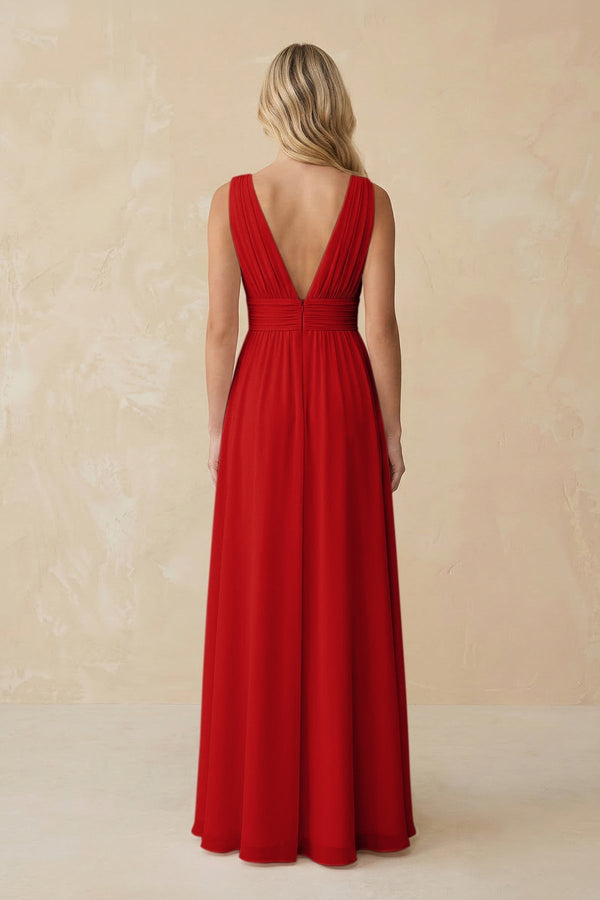 V - Neck A - Line Chiffon Ruched Bridesmaid Dress in Ruby Red - KISS BRIDAL Bridesmaid Dresses