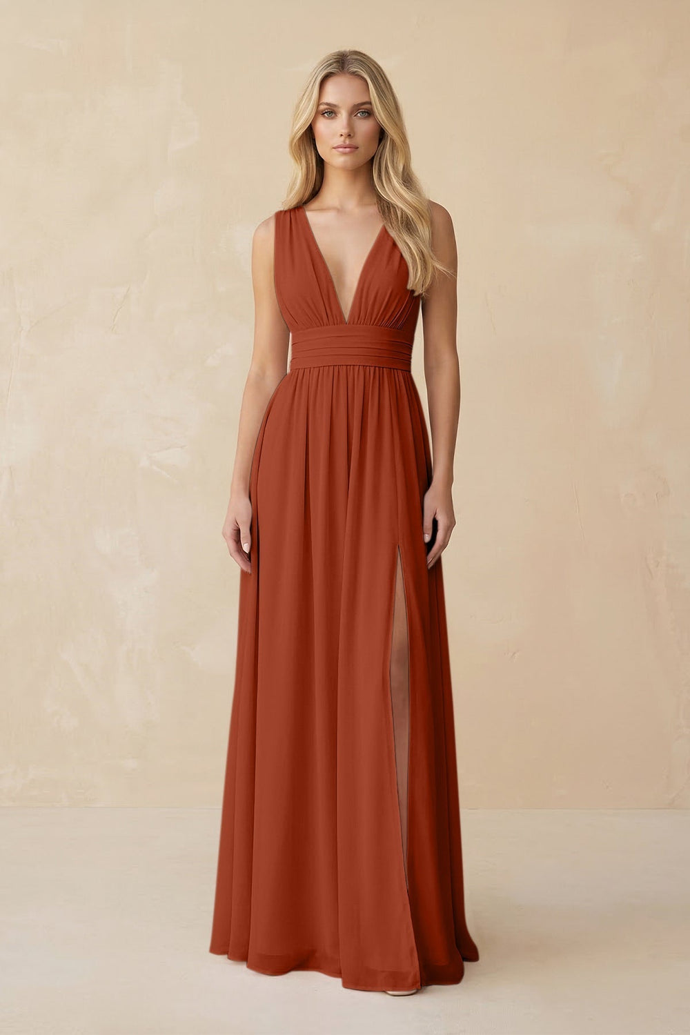 V-Neck A-Line Chiffon Ruched Bridesmaid Dress in Spice