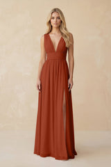 V - Neck A - Line Chiffon Ruched Bridesmaid Dress in Spice - KISS BRIDAL Bridesmaid Dresses