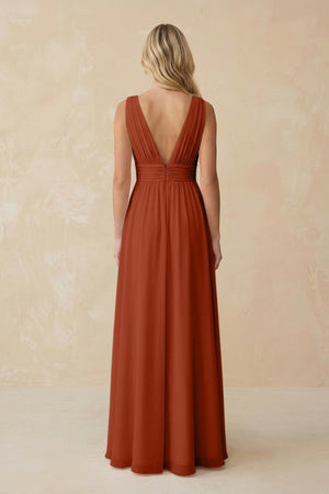 V - Neck A - Line Chiffon Ruched Bridesmaid Dress in Spice - KISS BRIDAL Bridesmaid Dresses