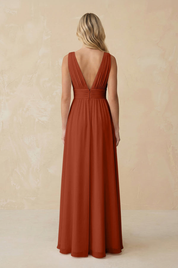 V - Neck A - Line Chiffon Ruched Bridesmaid Dress in Spice - KISS BRIDAL Bridesmaid Dresses