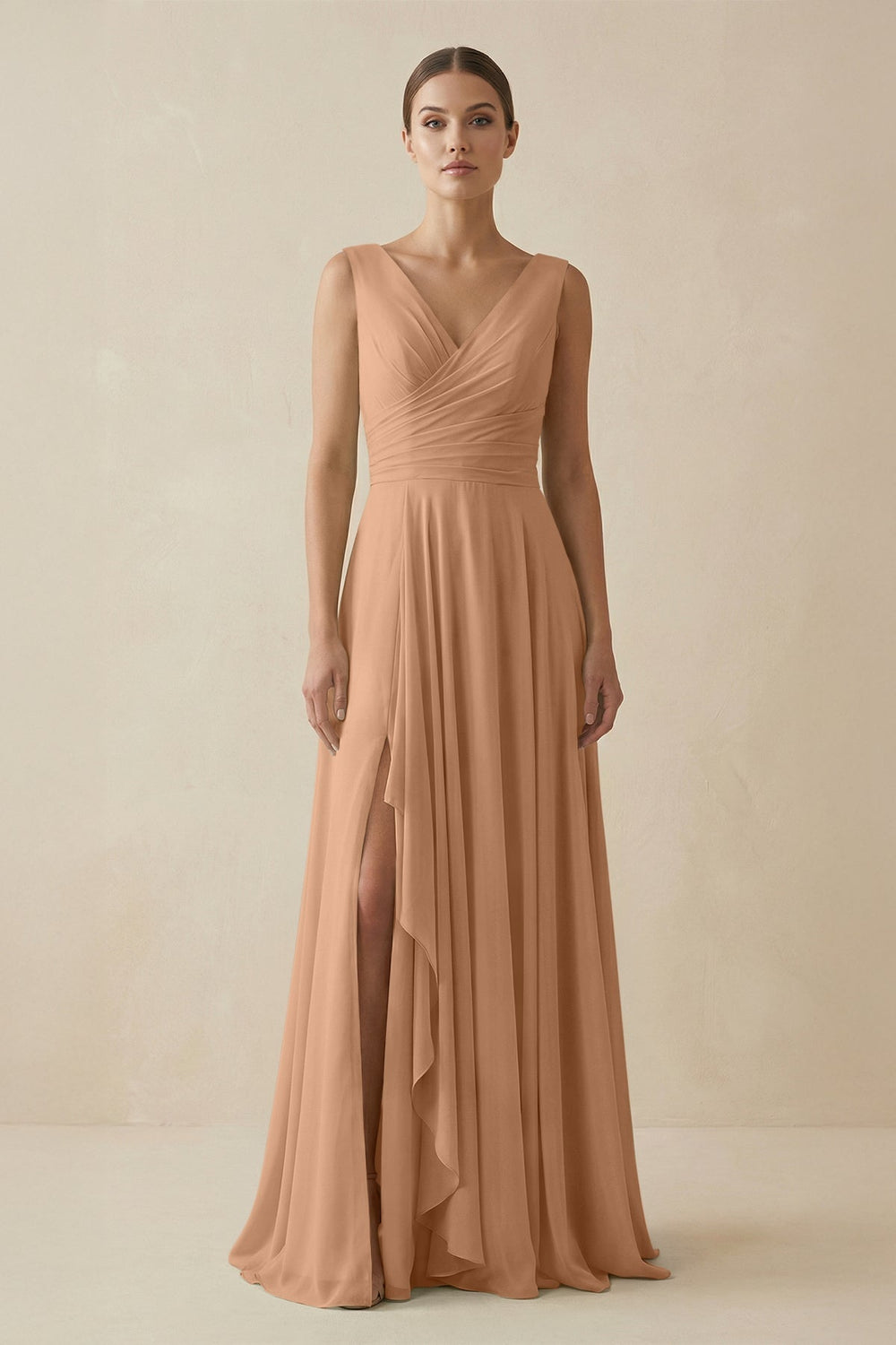 V-Neck A-Line Chiffon Ruffled Bridesmaid Dress in Bronzer