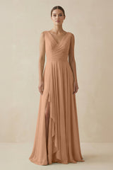 V - Neck A - Line Chiffon Ruffled Bridesmaid Dress in Bronzer - KISS BRIDAL Bridesmaid Dresses